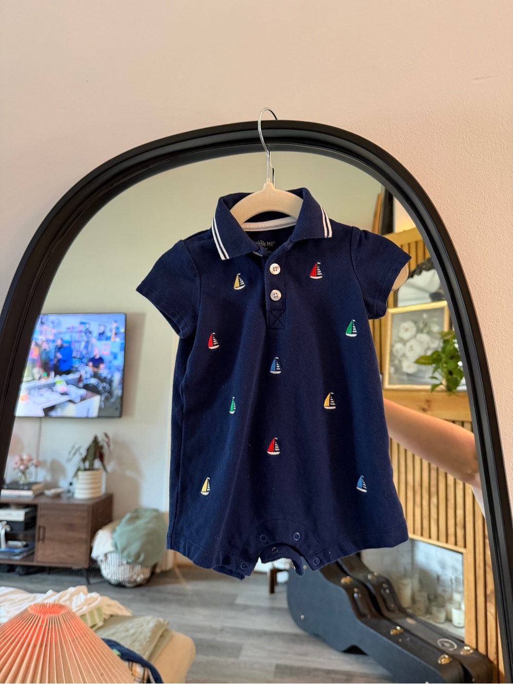 Little Me Navy Polo Romper with Multicolor Sailboat Embroidery
